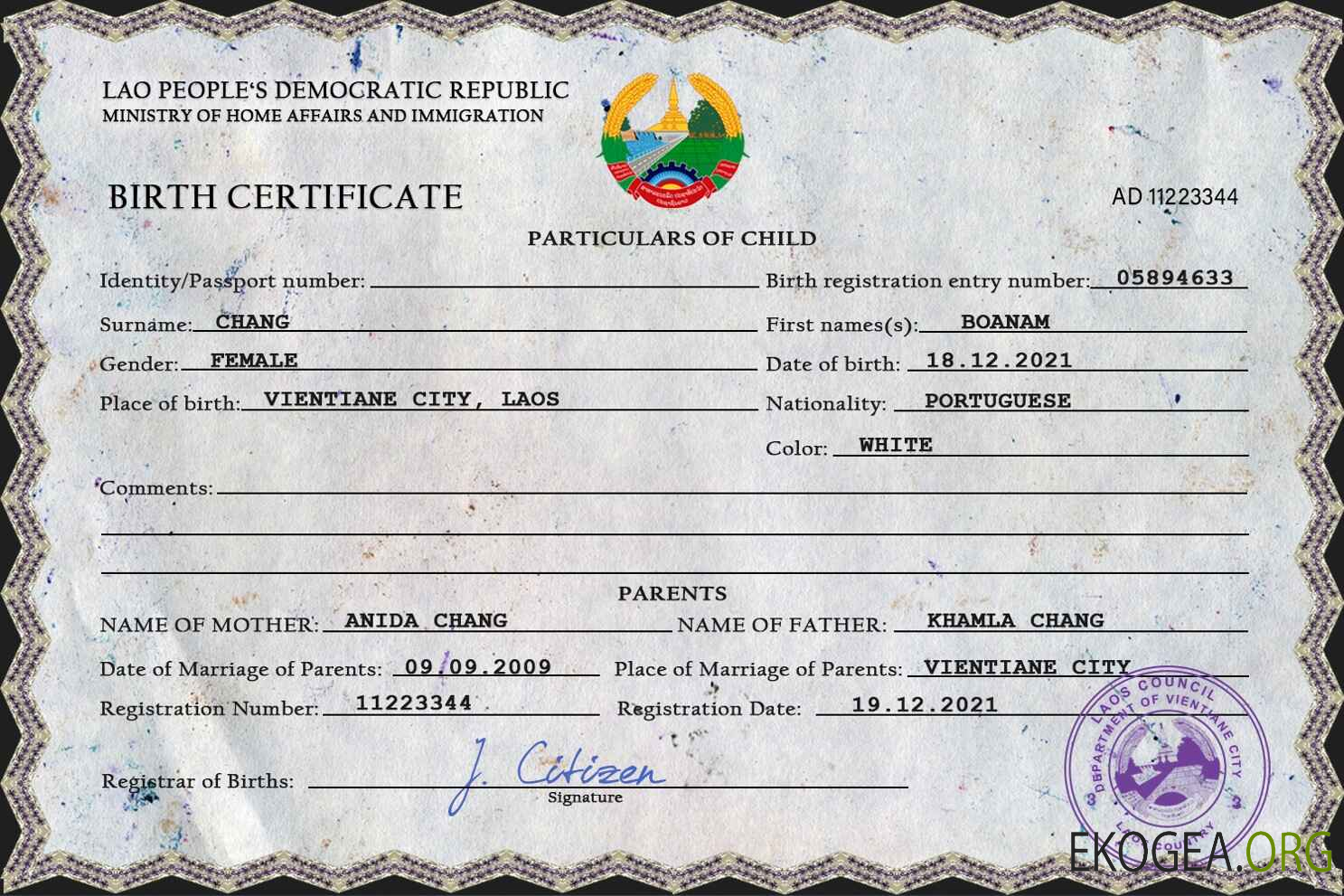 Modèle PSD d'acte de naissance au Laos